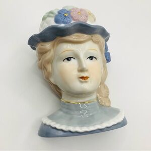 Large Vintage Ceramic Lady Head Vase Planter – 7” Tall Pastel Flowers & Hat